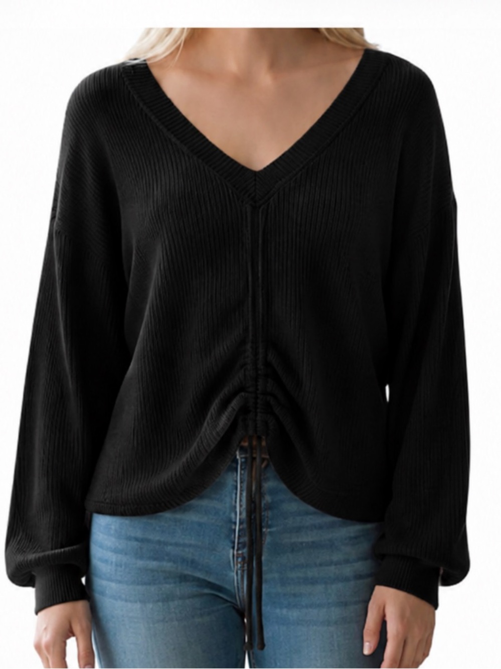 Elan Black Long Sleeve Black Ribbed V-Neck Drawstring Top M